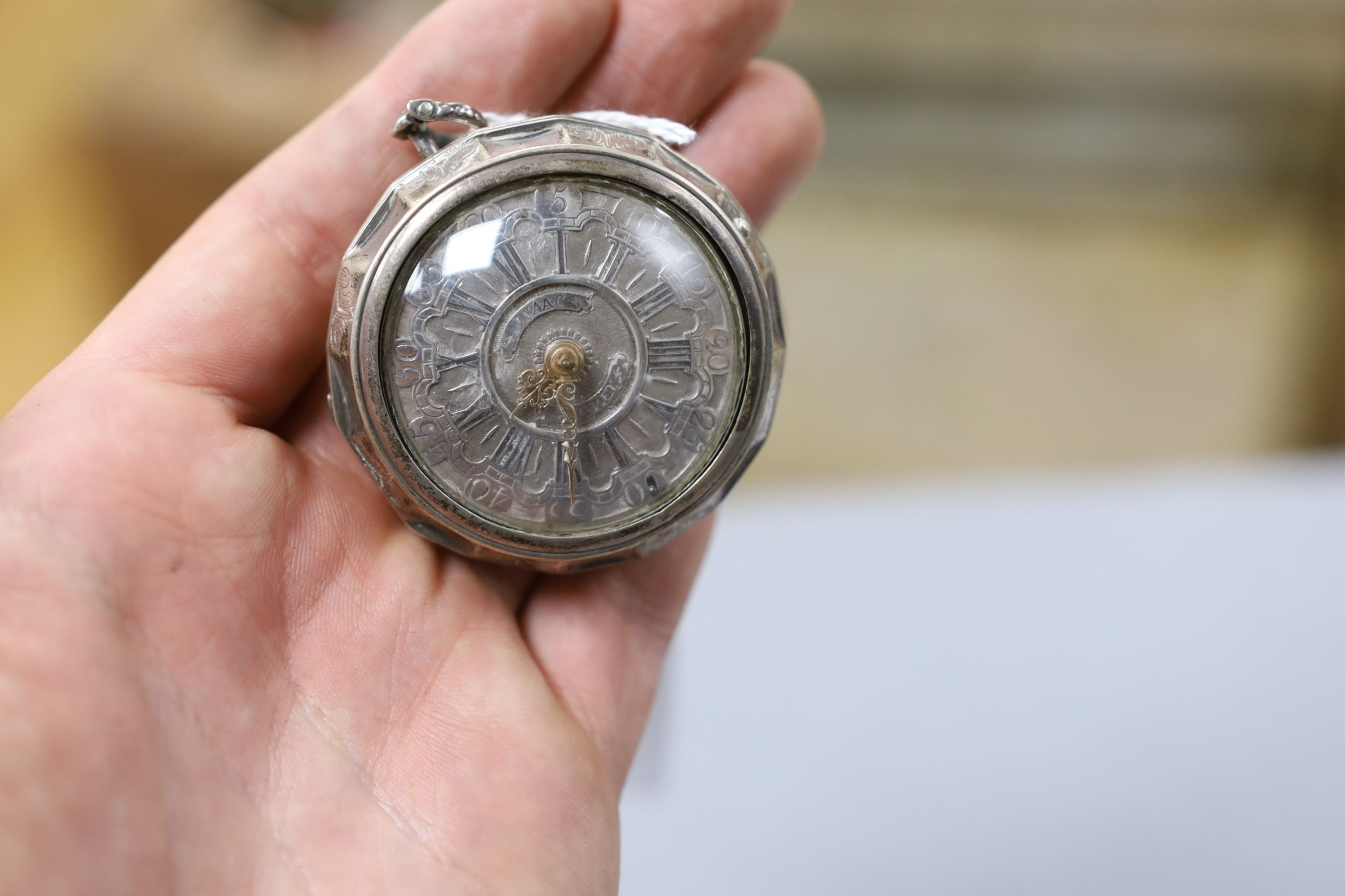 An 18th century white metal pair cased keywind verge pocket watch, by Isaac Soret, cased diameter 51mm